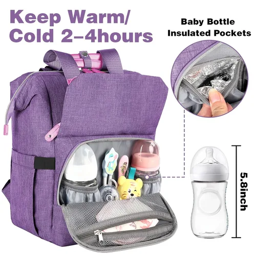 Miniatura 3 de Jiefeike Mochila para pañales, bolsa de bebé morada para mamá, papá, niñas, niños, bolsa de pañales de 15.6 pulgadas con bolsillos aislados, puerto