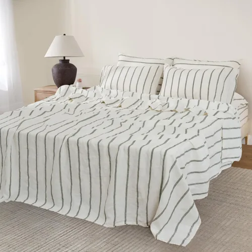 Miniatura 2 de S VICTORY SYMBOL - Juego de sábanas de lino 100% orgánico, sábanas de cama con rayas verticales verdes teñidas en hilado, juego de cama de lino