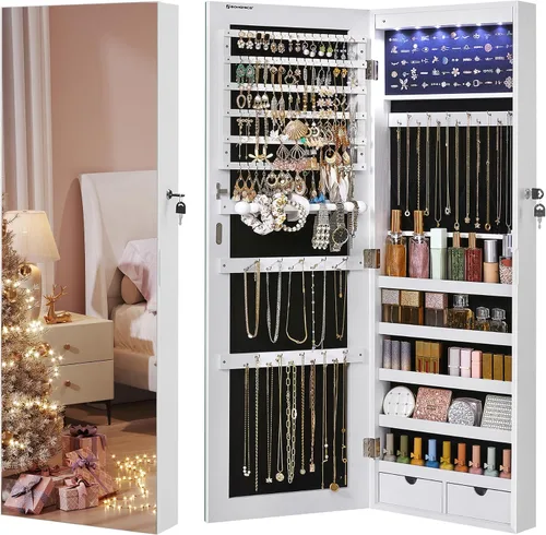 SONGMICS Gabinete colgante de joyería, gabinete de pared con luces interiores LED, organizador de joyas montado en la puerta, espejo de cuerpo Blanco