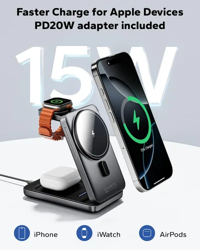 Miniatura 2 de KPON Estación de carga plegable 3 en 1 para Magsafe, cargador de teléfono de viaje y reloj para Apple, base de carga inalámbrica PD20W