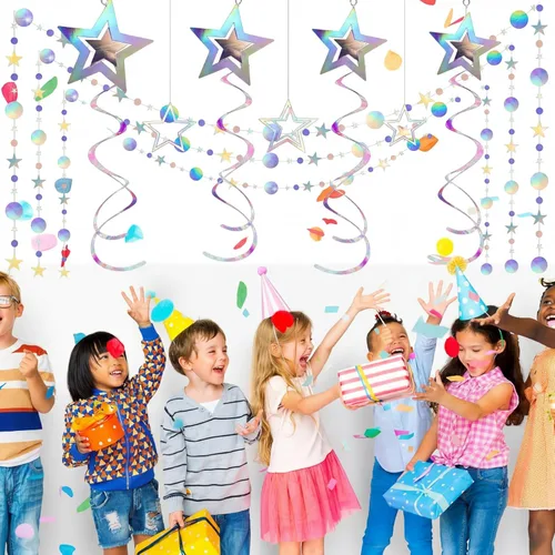 Miniatura 6 de 37 piezas de decoraciones holográficas iridiscentes para fiestas, remolinos con purpurina, guirnalda de galaxia, suministros de fiesta de estrella