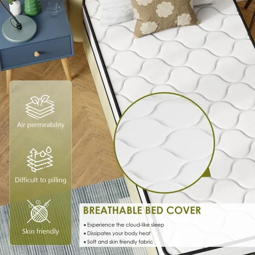 Miniatura 4 de PayLessHere Colchón individual de 8 pulgadas Colchón híbrido de firmeza media Blanco con espuma de alta densidad y funda transpirable Diseño