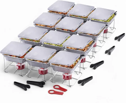 Alpha Living 12 Pack - Juego de buffet de platos de roce desechables, calentadores de alimentos soldados para fiestas, latas de combustible de 2
