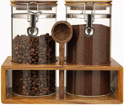 Yangbaga Recipiente de Café de Vidrio con Estante de Madera, Juego de 2×45OZ Recipientes de Café y Azúcar, Recipientes de Café con Tapas Herméticas