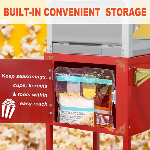 Miniatura 5 de Máquina comercial de palomitas de maíz con carrito y ruedas, máquina para hacer palomitas de maíz con hervidor de acero inoxidable de 22 onzas, Rojo