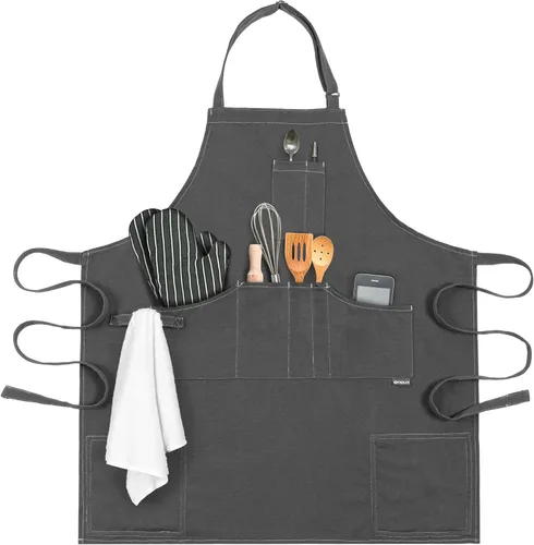 opux Delantal de chef para hombres, delantal de cocina con bolsillos para mujer, delantal grande de lona unisex para cocinar, asar a la parrilla,