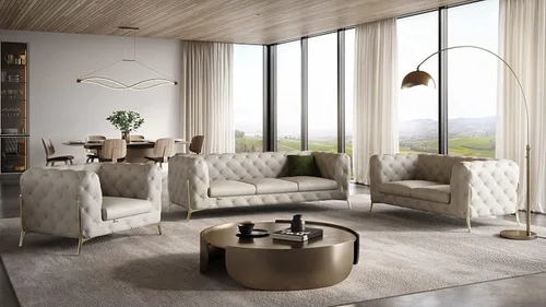 Blackjack Furniture Modena - Moderno juego de sofá de 3 piezas de cuero italiano de grano superior, elegante diseño copetudo y patas de acero Beige