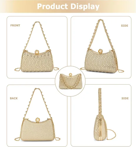 Miniatura 4 de Bolso de noche para mujer, bolso de mano con diamantes de imitación, brillante para fiesta, bolso de hombro, bolsa de boda con cadena