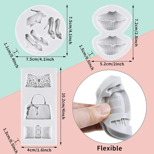 Miniatura 4 de 7 moldes de silicona para San Valentín, moldes de silicona con temática de maquillaje para pastel, chocolate, beso, lápiz labial, perfume, tacones