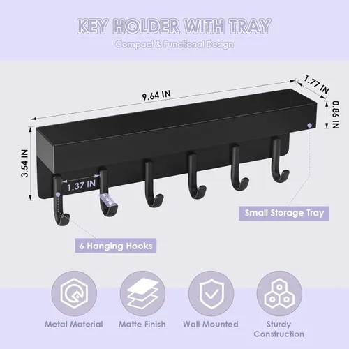 Miniatura 5 de VIS'V Soporte para llaves de pared, soporte adhesivo compacto para llaves con bandeja, 6 ganchos, 2 opciones de montaje, negro