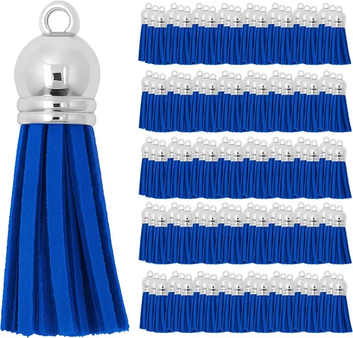 Miniatura 50 de Mandala Crafts 100 borlas de gamuza sintética color aguamarina con tapa dorada, suministros para hacer llaveros a granel, pequeñas borlas de cuero