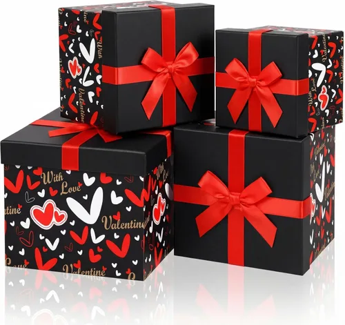 Miniatura 12 de Epakh 4 cajas anidables cuadradas decorativas con tapas, corazones negros y rojos, varios tamaños para aniversario, cumpleaños, boda, despedida