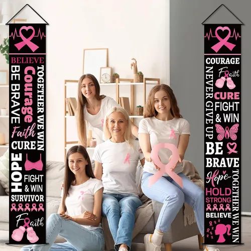 Miniatura 4 de Decoraciones de fiesta de cinta rosa para concientización sobre el cáncer de mama, cartel de porche, esperanza, fuerza, coraje, fe, pancarta