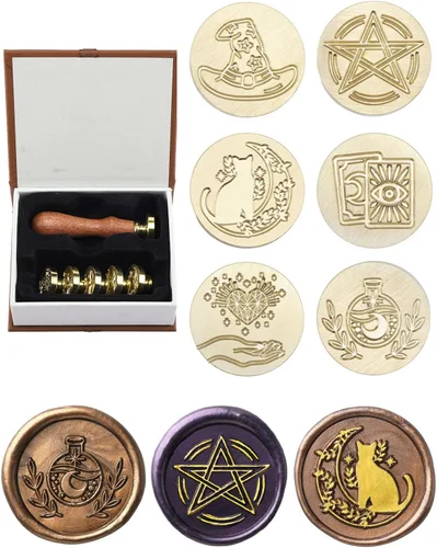 Miniatura 7 de Kit de sello de cera de Navidad Yoption, juego de 6 cabezas de sello de cera con 1 mango de madera para tarjeta de invitación de fiesta, decoración