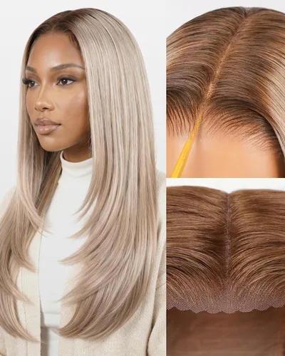 TESLAL - Peluca sin pegamento de mezcla de cabello humano con encaje precortado en capas, peluca sintética recta, fácil de usar y ajustar, color