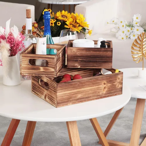 Miniatura 7 de PHOENANCEE Juego de 3 cajas de madera apilables decorativas de madera para exhibición de almacenamiento, cesta rústica para decoración del hogar