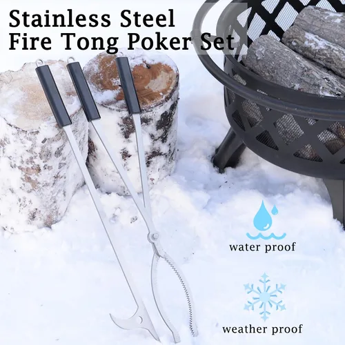 Miniatura 6 de Juego de pinzas de leña de 28 pulgadas, pinzas de acero inoxidable para póquer de fuego y chimenea, juego de pinzas para fogata al aire libre