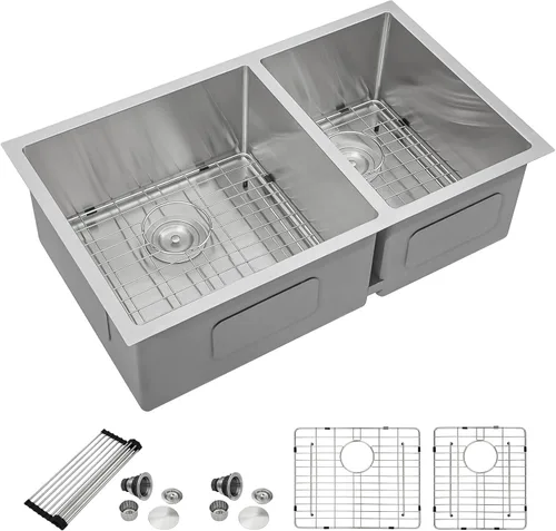 Dcolora DC-U7730 - Fregadero de cocina de 33 pulgadas con doble tazón dividido 60/40 de calibre 16 de acero inoxidable 304, esquinas redondeadas de