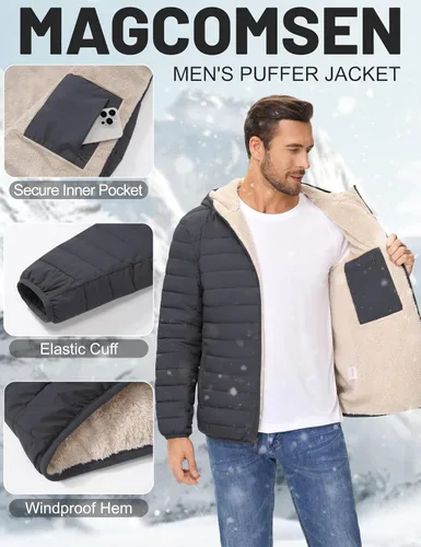 Miniatura 10 de MAGCOMSEN Chaqueta acolchada para hombre con capucha, forro de vellón, chaqueta térmica resistente al agua, chaqueta de plumón con cremallera