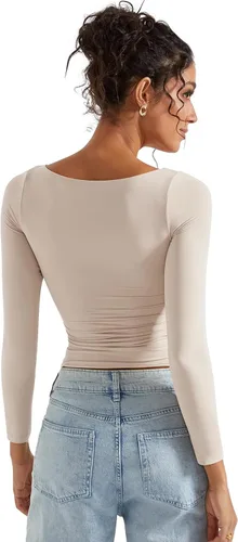 Miniatura 4 de SUUKSESS Camiseta de mujer con cuello redondo, manga larga, doblemente forrada, ajustada y corta