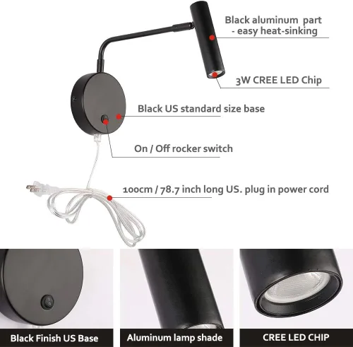 Miniatura 8 de Joossnwell Luces de pared con cable de enchufe, lámparas de pared industriales para dormitorio con interruptor de encendido y apagado, blanco