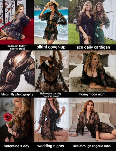 Miniatura 6 de Avidlove Kimono de encaje para mujer, tipo babydoll, camisón de malla, lencería, bata, tallas S-5XL