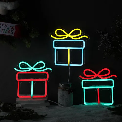 Miniatura 5 de ROCEEI 3 letreros de neón de Navidad, caja de regalo de luces de neón, barra de pared LED USB, decoración de sala de estar para fiesta de invierno