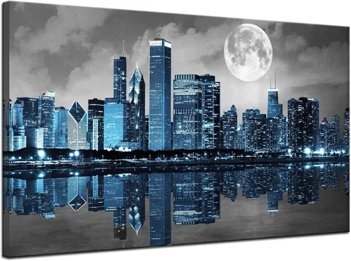 Biuteawal Arte de pared negro blanco y azul de la ciudad, cuadros de Chicago, decoración de imágenes de luna, noche, paisaje urbano, horizonte,