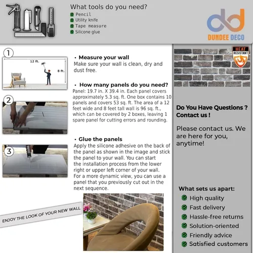 Miniatura 6 de Dundee Deco Paneles de Pared 3D de Ladrillo Falso - Revestimiento, Paneles de Pared con Aspecto de Piedra Gris Negro, Revestimiento de Espuma