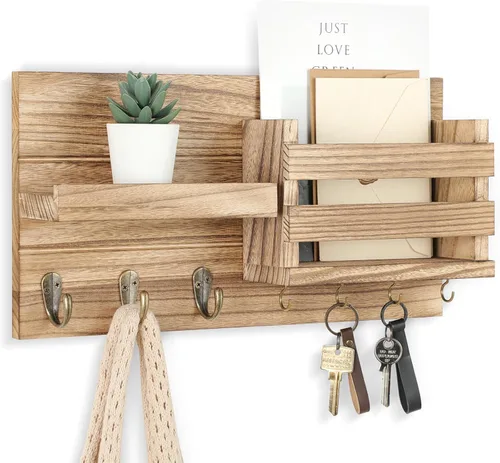 Miniatura 11 de Lwenki - Organizador de montaje en la pared negro, llavero + estante, portacartas y ganchos para abrigos y correas de perro, madera rústica