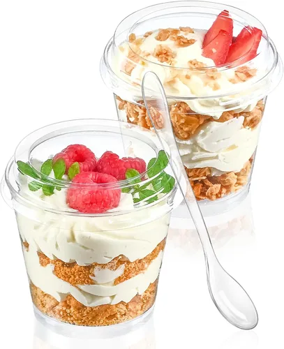 TOFLEN Mini Tazas de Postre de 6 oz con Tapas y Cucharas 150 Piezas | Sirve para 50 | Pequeñas Tazas de Plástico para Pastel Tazas Redondas para