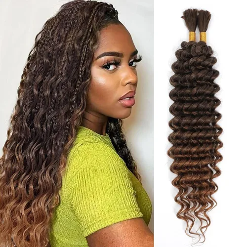 Miniatura 38 de Mezcla de cabello humano trenzado sintético bohemio para trenzar, 16 pulgadas de onda profunda a granel para trenzas bohemias, 2 piezas de cabello 1b