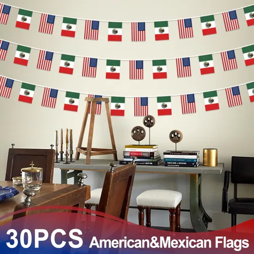Miniatura 6 de Banderín de bandera de amistad estadounidense y mexicana, mini banderas de Estados Unidos México, decoración nacional de país para escuela, fiesta