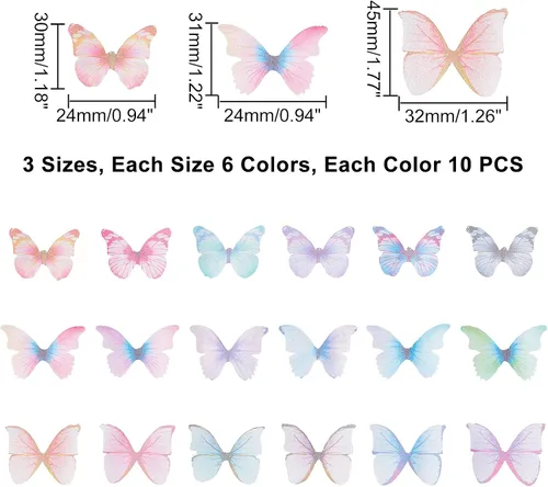 Miniatura 2 de SUNNYCLUE 1 caja 180 pares de decoraciones de mariposa de tela 3D adorno de mariposa pequeñas alas de mariposa de organza para bricolaje, joyas