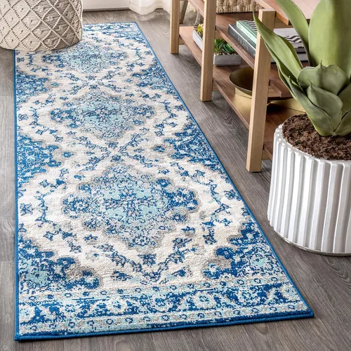 JONATHAN Y - Alfombra de pasillo estilo bohemio vintage en crema/azul, 2x8, medallón de estilo bohemio, floral, de fácil limpieza, de alto tráfico