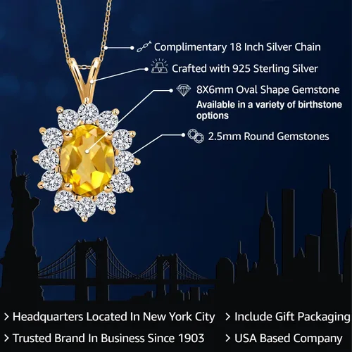 Miniatura 199 de Gem Stone King Collar con piedra natal ovalada de plata chapada en oro amarillo de 18 quilates, ovalado de 0.315 x 0.236 in, collares con colgante