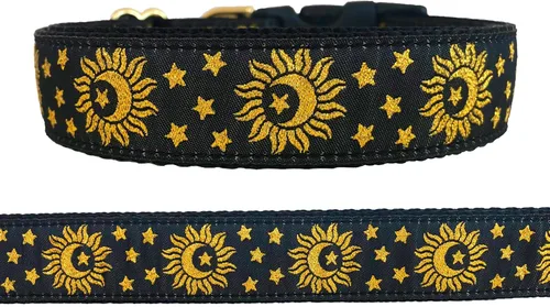Crescent Moon in Sun Dog Collar (Made with shiny gold colored thread) (Fits medium to large size dog) (Large (14" - 22"), Black Buckle)