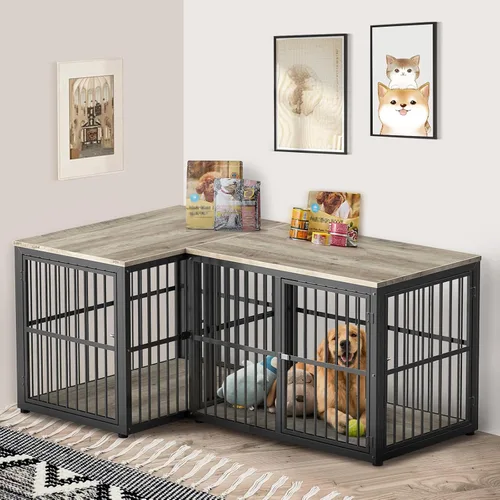 Miniatura 15 de Lyromix 94.48'' Mueble de jaula para perros de raza grande con soporte para TV de dos habitaciones, mesa auxiliar de jaula para perros de madera