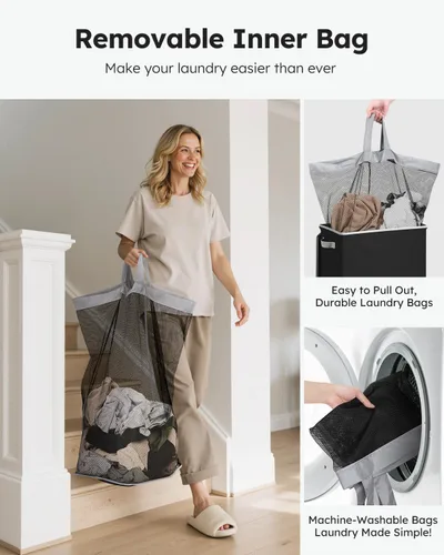 Miniatura 4 de SOLEDI Cesta de lavandería negra con tapa y bolsa extraíble, cesta de lavandería grande y alta de 100 litros, plegable con asa para almacenamiento
