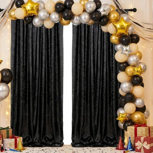 Miniatura 7 de Cortinas con lentejuelas doradas, 2 unidades de 2 x 8 pies, con brillantina, telón de fondo para bodas Negro