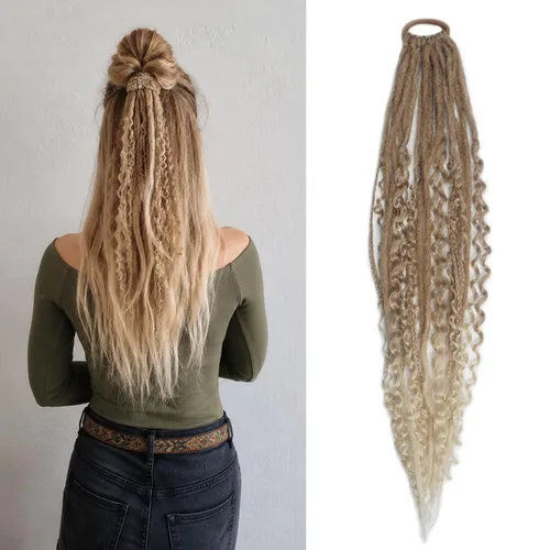 Miniatura 8 de Extensiones de cabello de cola de caballo elásticas mixtas 3 en 1, 24 pulgadas de largo, cola de caballo vikinga trenzada a mano, 1 unidad, rubio
