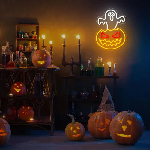 Miniatura 4 de Letrero de neón de calabaza fantasma de Halloween, cara de fantasma, luz de neón espeluznante de calabaza de neón, letreros LED regulables