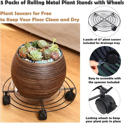 Miniatura 2 de Paquete de 5 cestas de metal para plantas de 11.8 pulgadas con ruedas, soporte de hierro forjado resistente con ruedas para uso en interiores