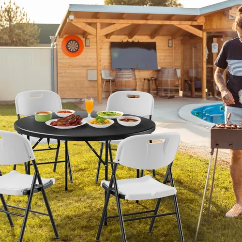 Miniatura 6 de VINGLI Mesa Comercial Redonda Negra Bi-Plegable de 48", Mesa de Comedor/Cartas de Plástico Portátil de 4 Pies para Cocina o Fiesta al Aire Libre