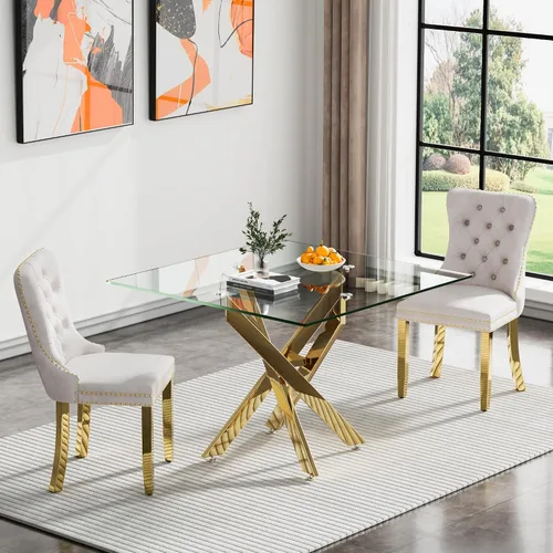 Juego de mesa de comedor de cristal dorado moderno de 36 pulgadas para 2, juego de mesa de comedor de cocina cuadrada de 3 piezas con patas de metal