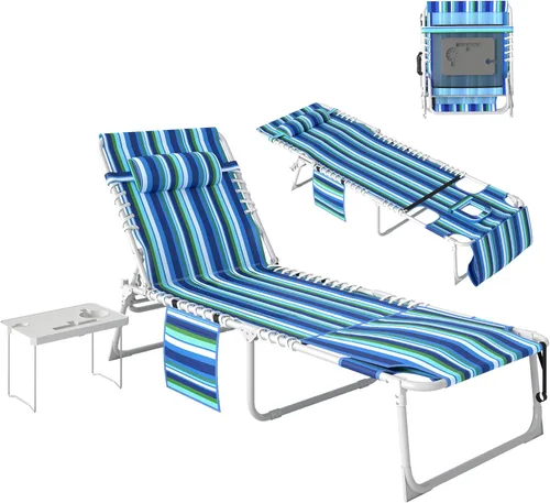 Miniatura 14 de Outsunny Silla bronceadora con agujero frontal, mesa auxiliar, sillón reclinable plegable de 5 posiciones, tumbona reclinable, correas de transporte