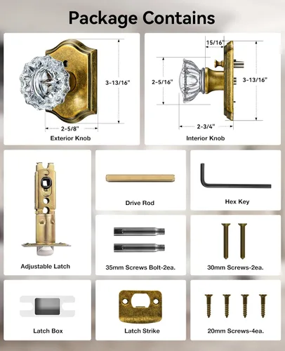 Miniatura 8 de Pomos de puerta de cristal para interiores, pomos de puerta de cristal de latón envejecido con cerradura para uso de privacidad, pomos de puerta