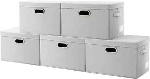 Miniatura 38 de PRANDOM Contenedor de almacenamiento plegable con tapa [1 unidad] Caja de almacenamiento decorativa de tela de lino, cesta organizadora con asas