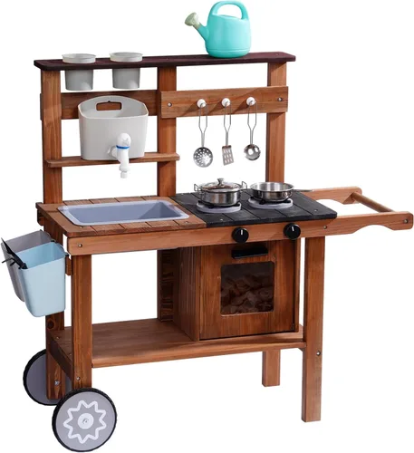 ROBOTIME Cocina de Barro para Niños al Aire Libre con Ruedas, Divertido Juego de Cocina de Madera para Niños para Patio Trasero de Cocina de
