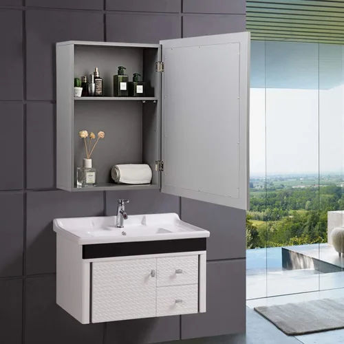 Miniatura 4 de GOFLAME Botiquín de baño, armario de almacenamiento con espejo de montaje en pared con una sola puerta y estante ajustable, organizador de madera
